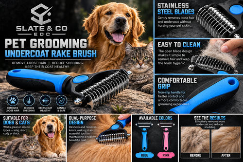 Slate & Co EDC pet grooming undercoat rake features for dogs and cats