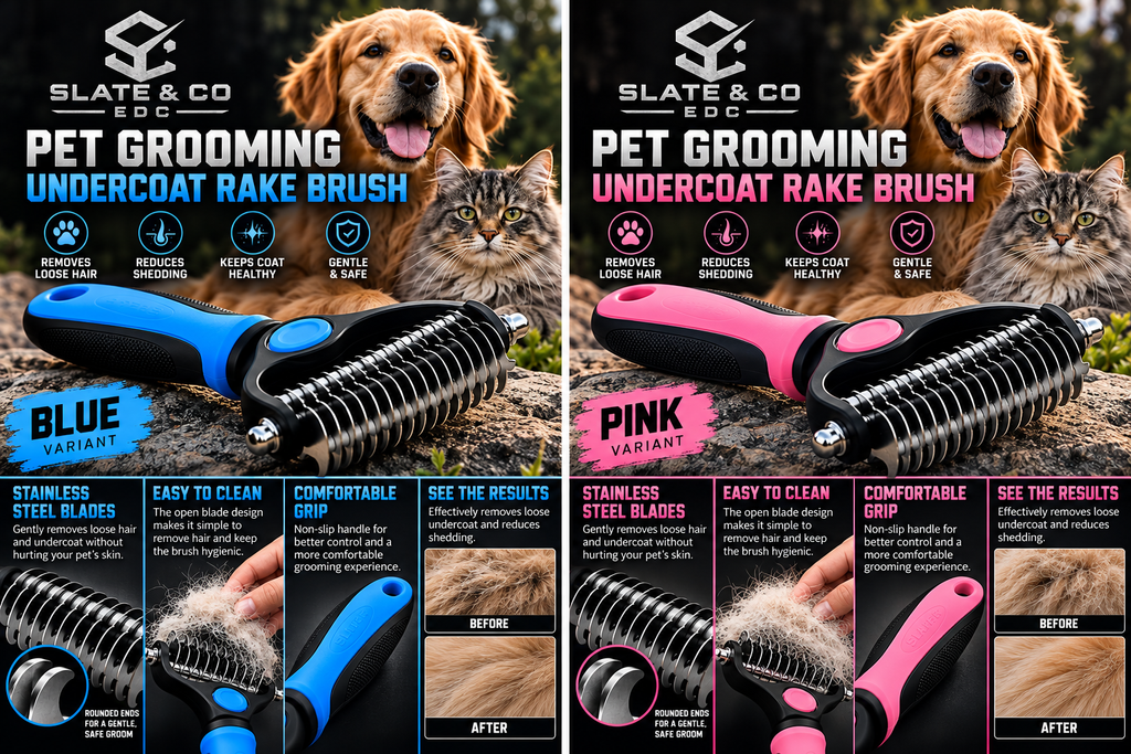 Slate & Co EDC blue and pink pet deshedding rake variants