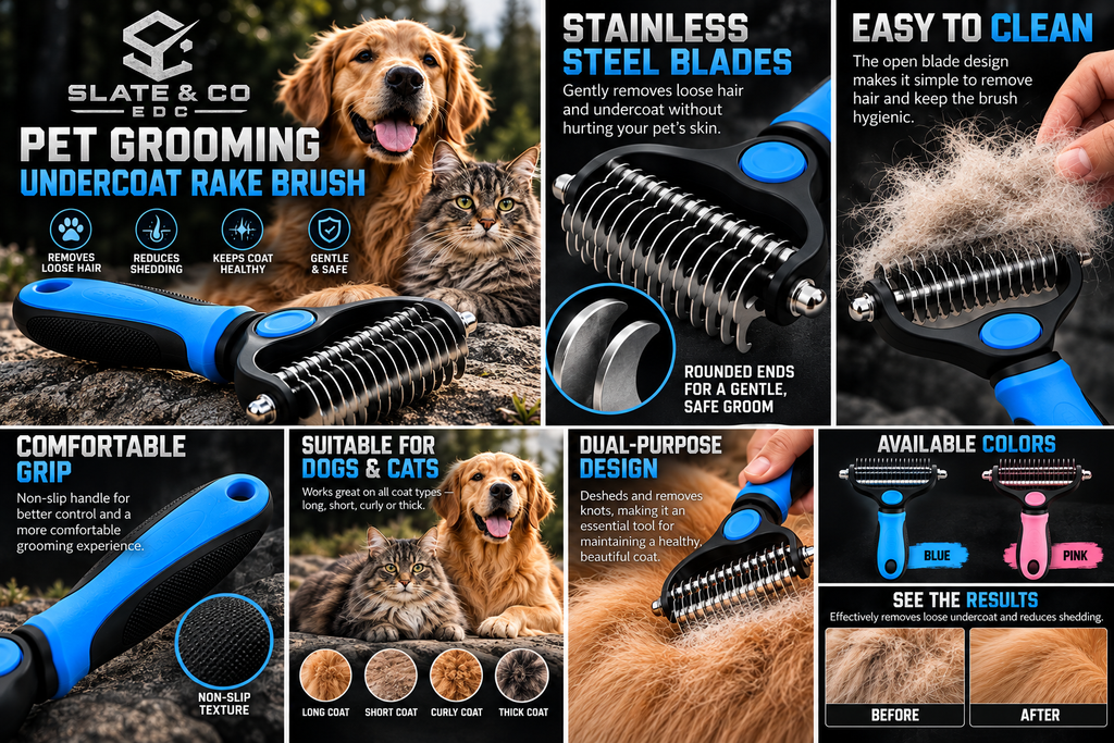 Slate & Co EDC pet grooming undercoat rake product features, blue and pink colors, and grooming results