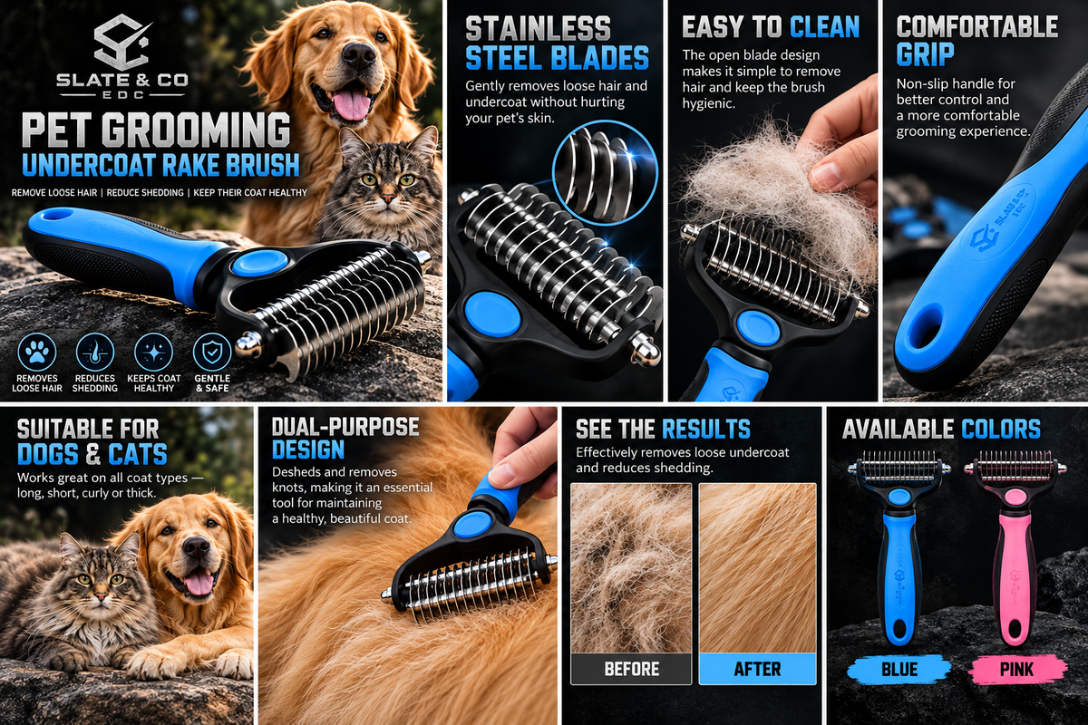 Slate & Co EDC pet deshedding rake product guide with features, colors and grooming results